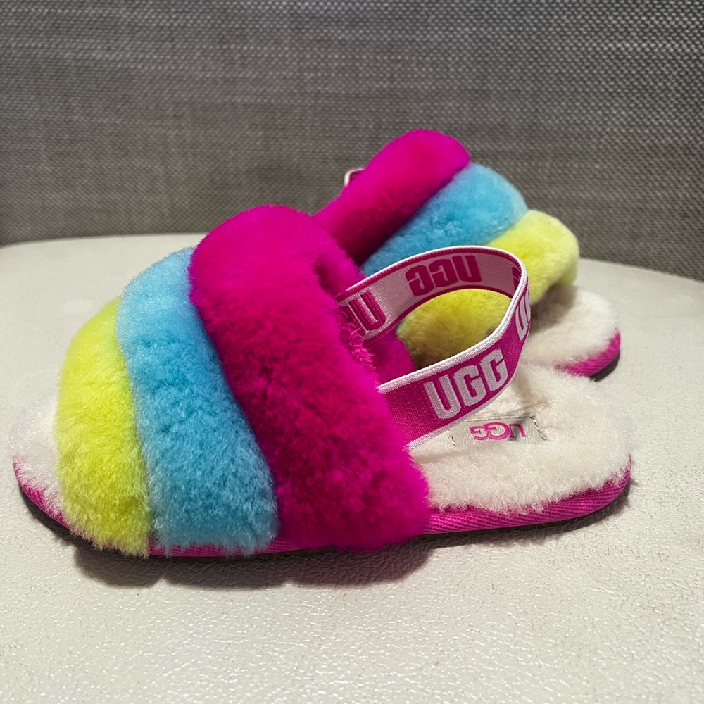 UGG Fluff Yeah Slides Neon Rainbow Sleepers Little Girls Size 11